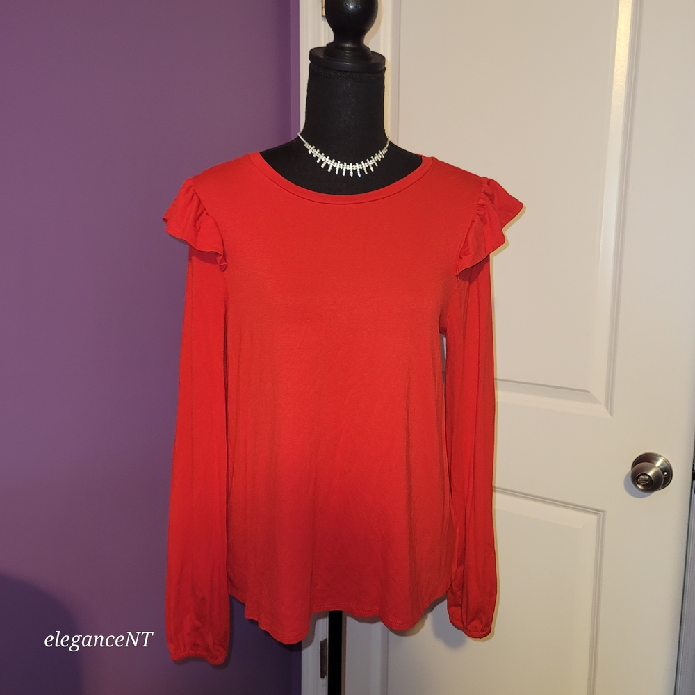 Crown & Ivy Red Ruffle Sleeve Top Sz: M NWT